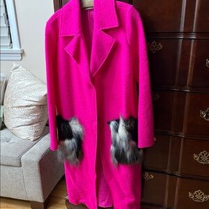 Hot Pink Coat with Faux Fur Accents